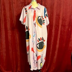 SHEIN Curve Lilac Multicolored Abstract Print Buttoned Maxi Sundress